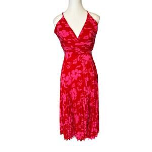 Lulus | Red & Pink Floral Halter Neck Pleated Midi Dress | Small